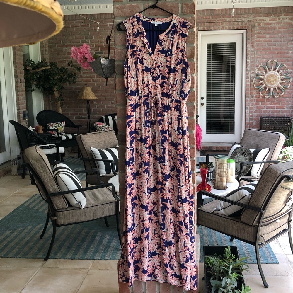 DR2 Daniel Rainn Printed Split Neck Sleeveless Maxi Dress Medium Pockets NWOT